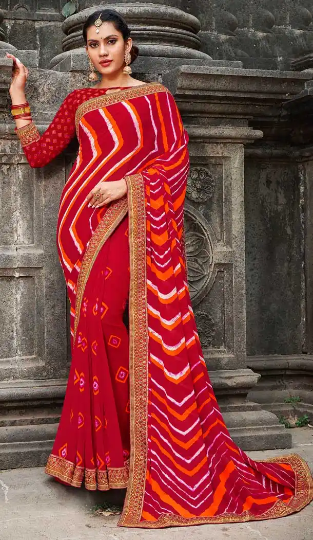 Chic Red Color Georgette Designer Bandhani Style Saree -8487102469