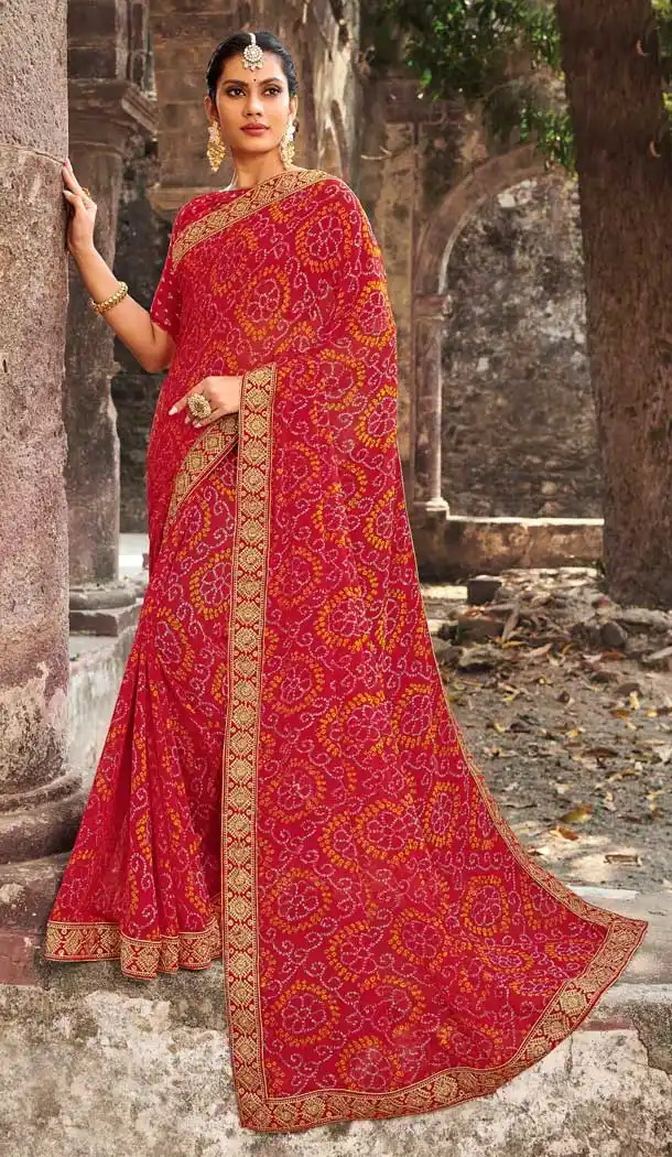 Glamorous Red Color Georgette Designer Bandhani Style Saree -8487102470