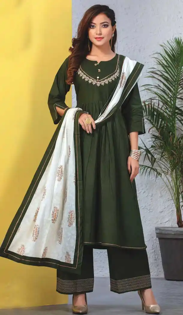 Dark Green Color Heavy Rayon Party Wear Ready Made Kurti -8495102615