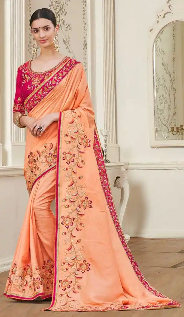 Unique Peach Color Georgette Designer Party Wear Saree -8523102829