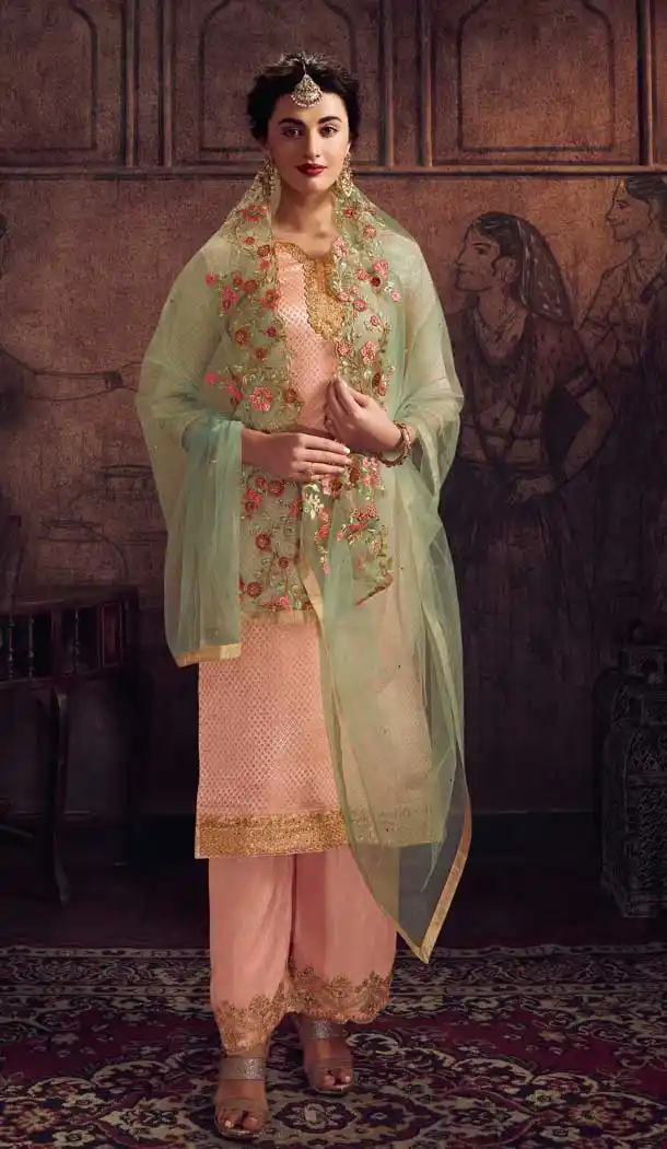 Peach Color Pure Jacquard Party Wear Salwar Suit -8537102914