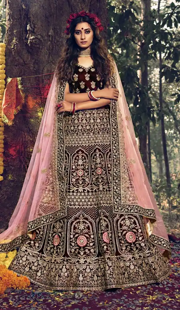 Maroon Color Heavy Pure Velvet Wedding Lehenga Choli -8500102657