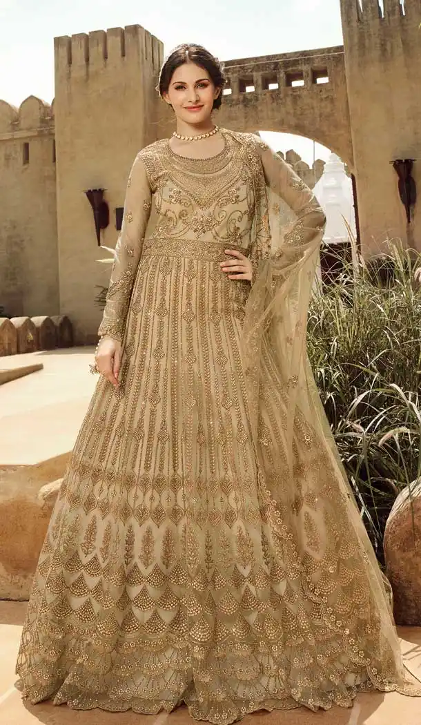 Beige Color Net Heavy Designer Party Wear Salwar Suit -8556103089