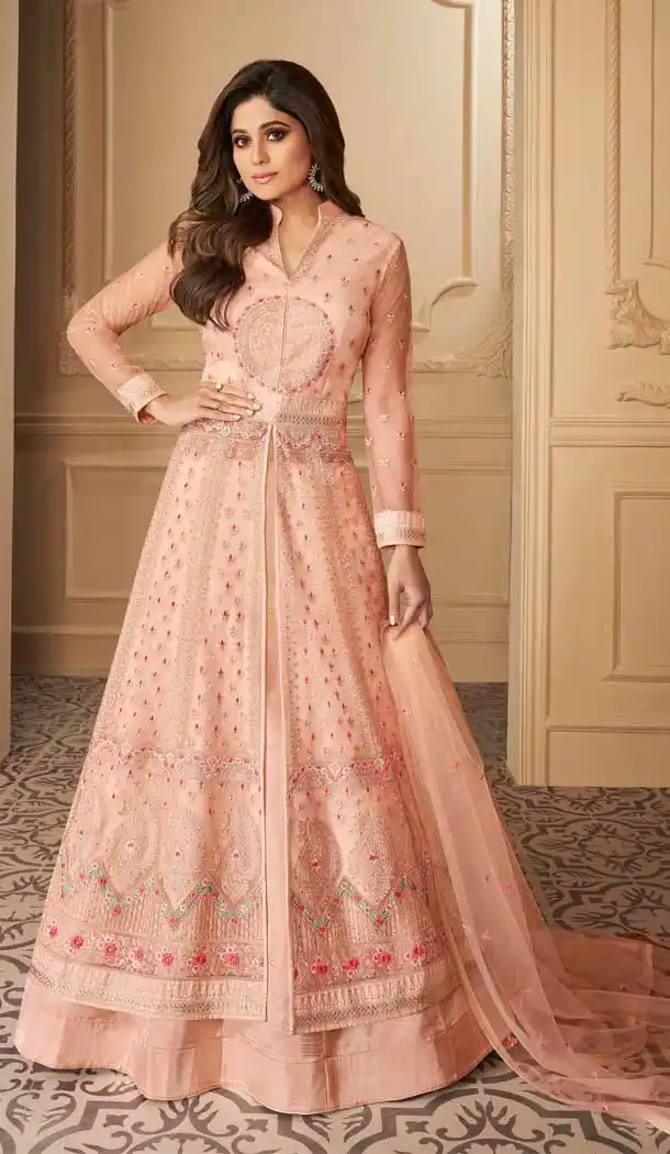 Peach Color Butterfly Designer Abhaya Salwar Kameez -8564103190