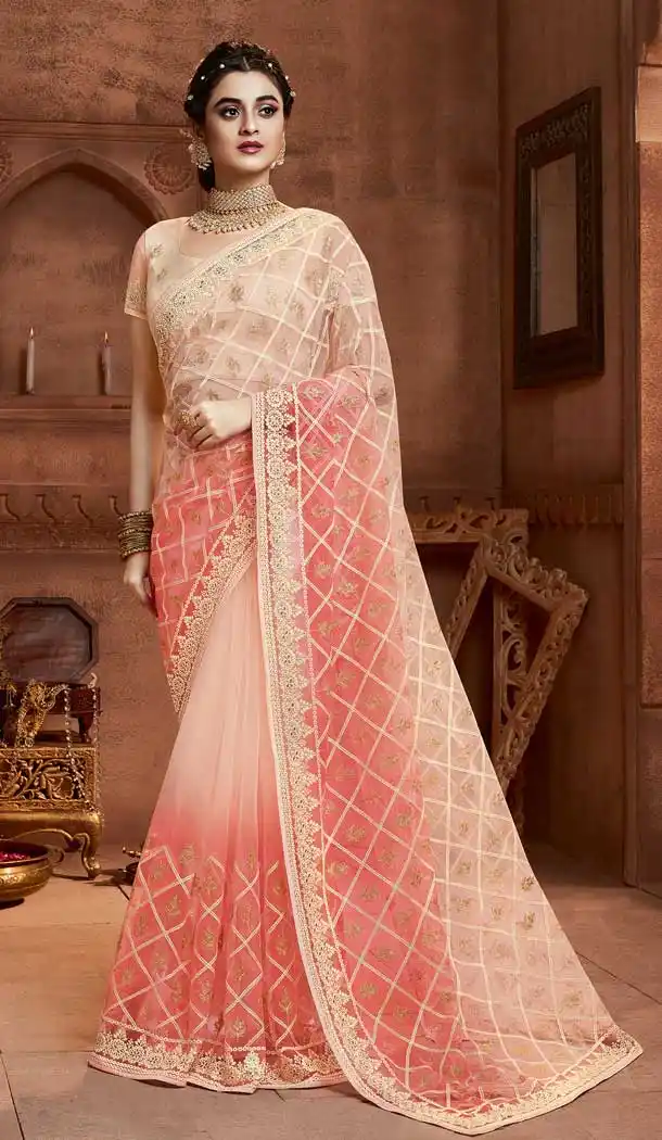 Peach Red Color Net Designer Party Wear Saree Blouse -8568103220