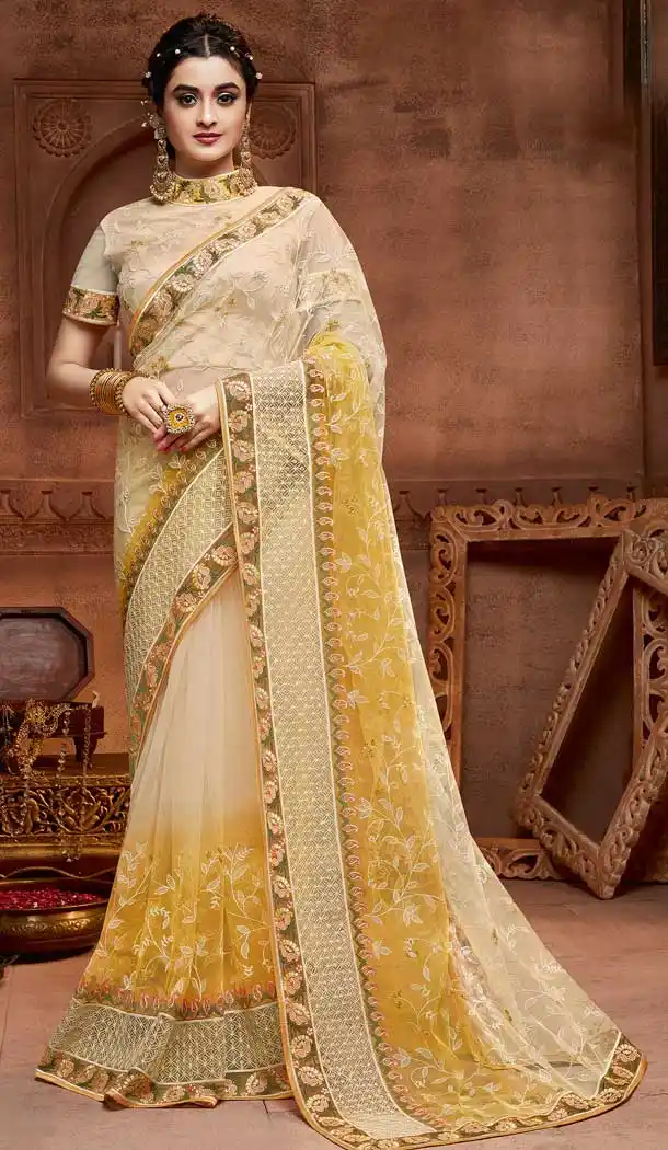 Cream Yellow Color Net Designer Party Wear Saree Blouse -8568103223