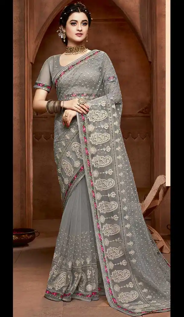 Fancy Grey Color Net Designer Party Wear Saree Blouse -8568103225