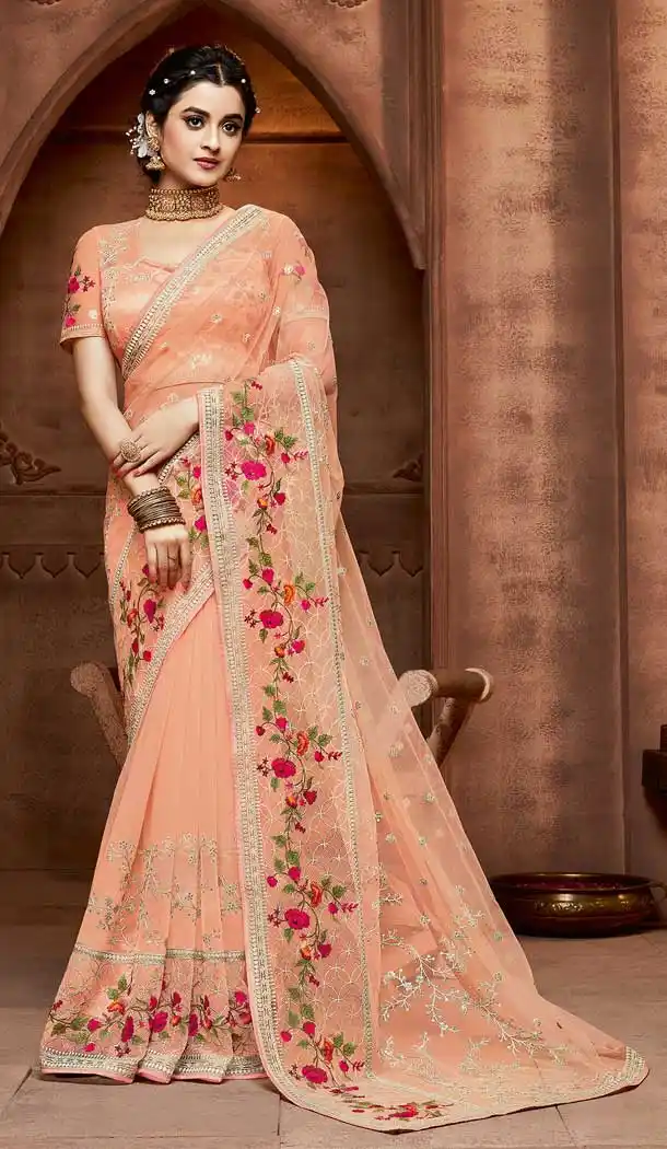 Peach Color Net Designer Party Wear Saree Blouse -8568103226