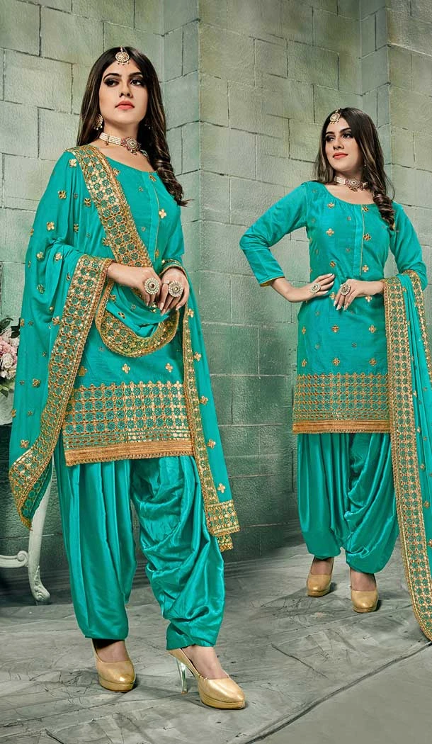 Rama Green Color Chanderi Silk Punjabi Patiyala Suit -8572103280