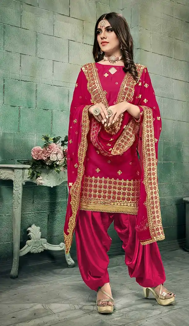 Rose Pink Color Chanderi Silk Punjabi Patiyala Suit -8572103281