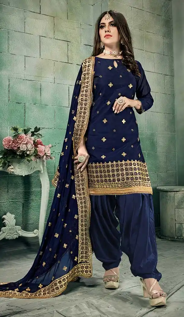 Navy Blue Color Chanderi Silk Punjabi Patiyala Suit -8572103282