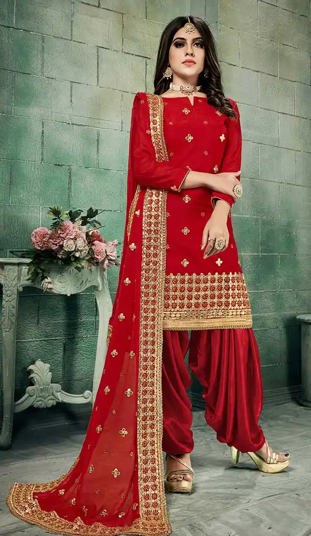 Captivating Red Color Chanderi Silk Punjabi Patiyala Suit -8572103283