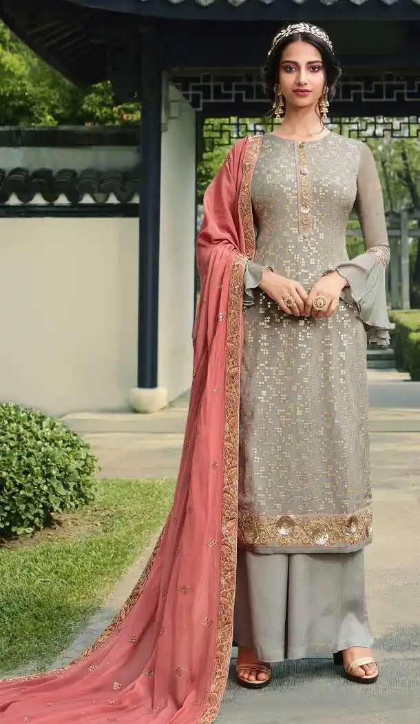 Grey Color Pure Viscose Chinon Designer Palazzo Suit -8577103314