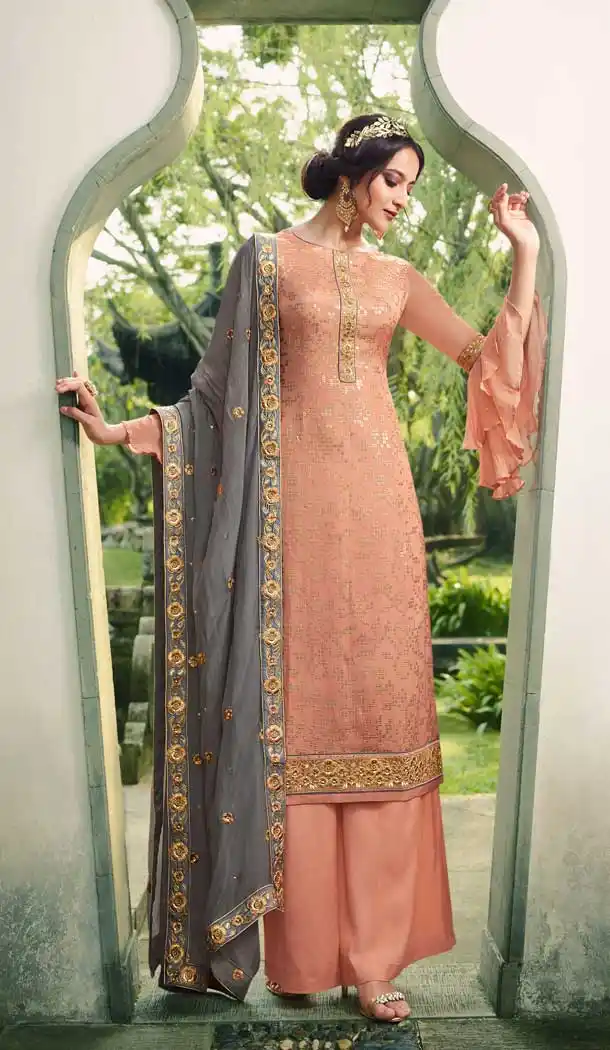 Peach Color Pure Viscose Chinon Designer Palazzo Suit -8577103315