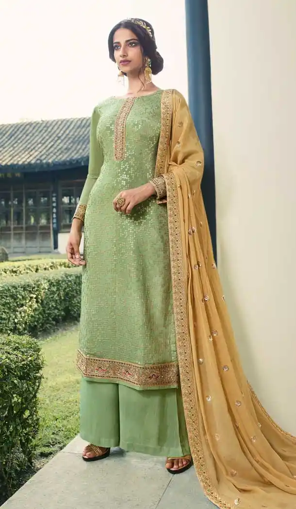 Green Color Pure Viscose Chinon Designer Palazzo Suit -8577103316