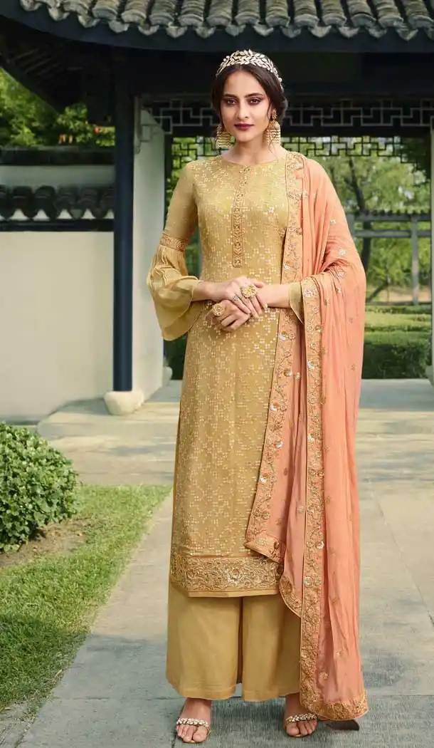 Cream Color Pure Viscose Chinon Designer Palazzo Suit -8577103317