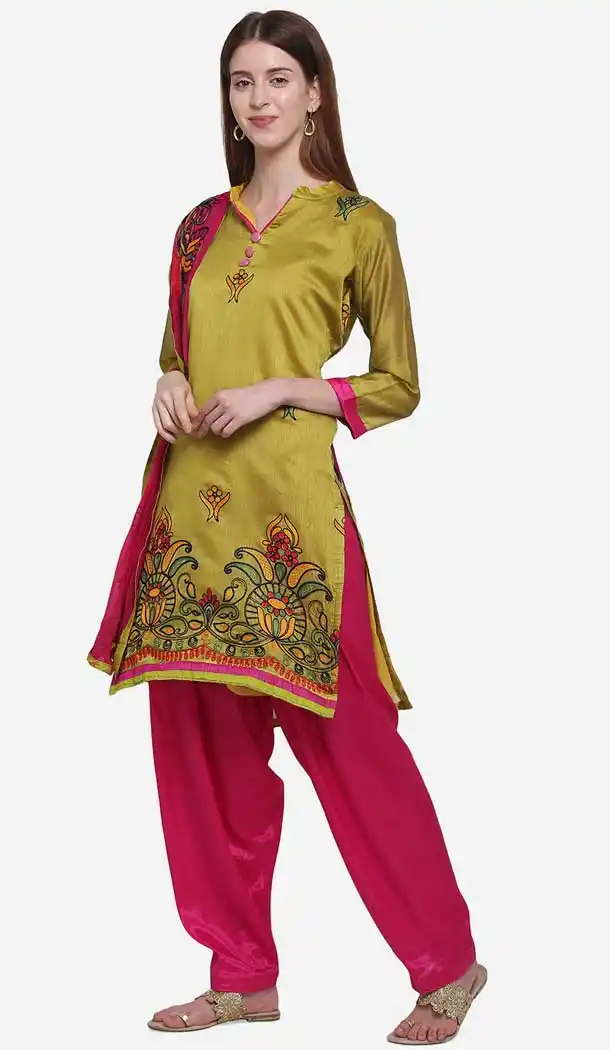 Olive Color Chanderi Cotton Casual Wear Salwar Kameez -8579103330