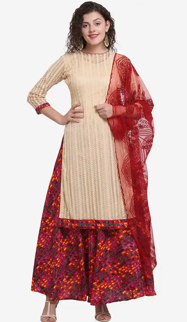 Adorable Cream Color Net Casual Wear Salwar Kameez -8579103352
