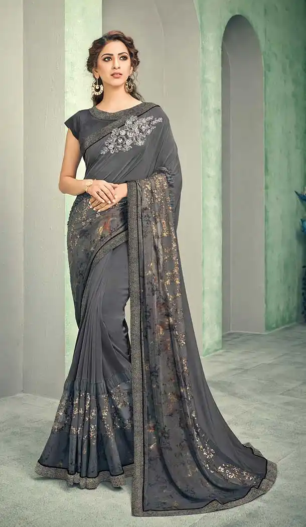Grey Color Lycra Designer Party Wear Saree Blouse -8583103379