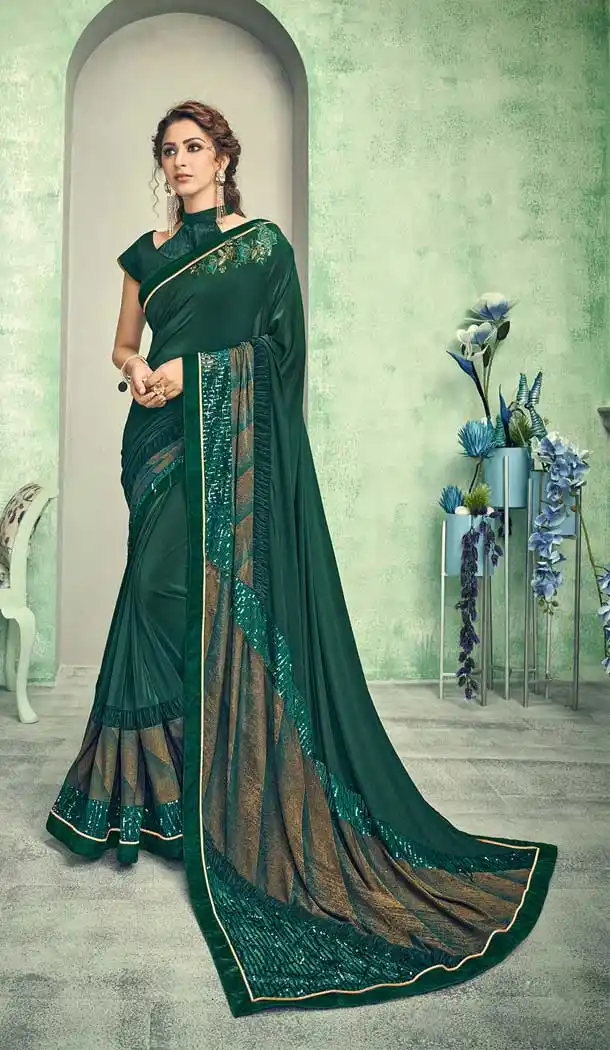 Green Color Lycra Designer Party Wear Saree Blouse -8583103386