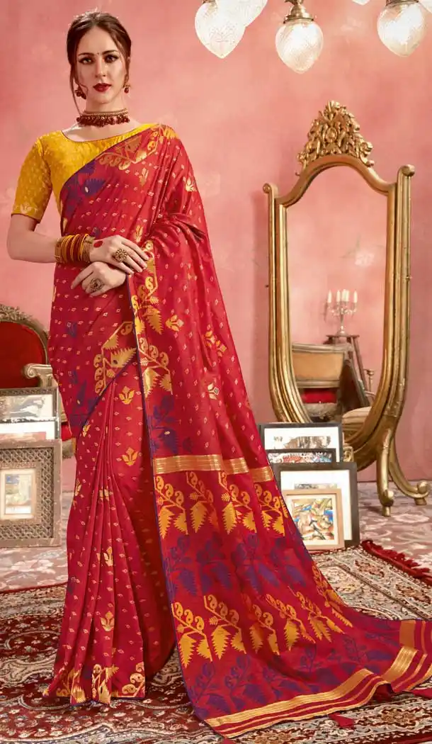 Red Color Jacquard Banarasi Silk Casual Wear Saree -8590103423
