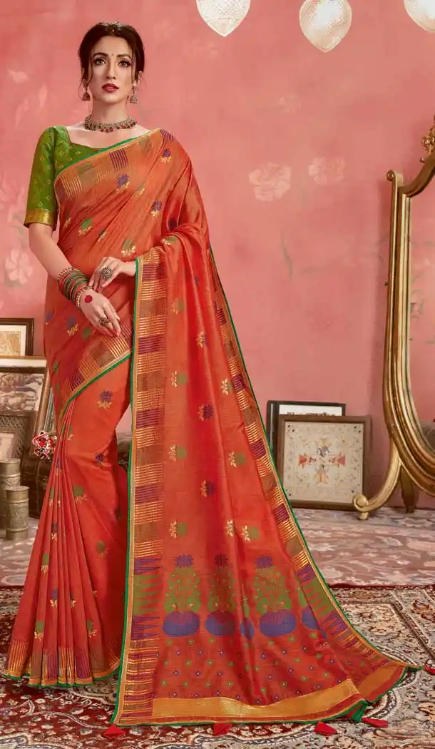 Coral Color Jacquard Banarasi Silk Casual Wear Saree -8590103428