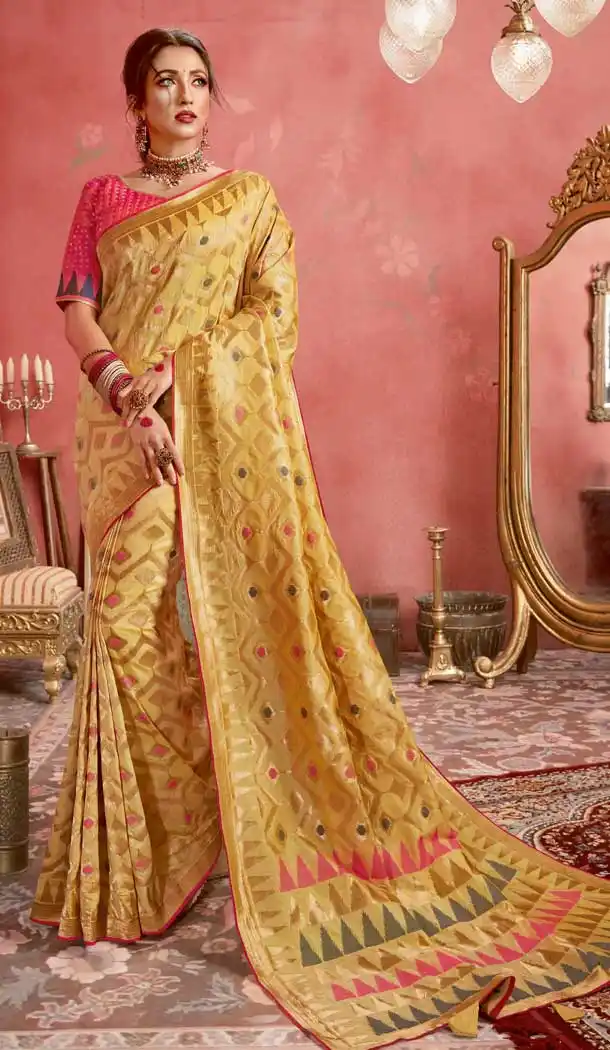 Light Yellow Color Jacquard Banarasi Silk Casual Wear Saree -8590103429