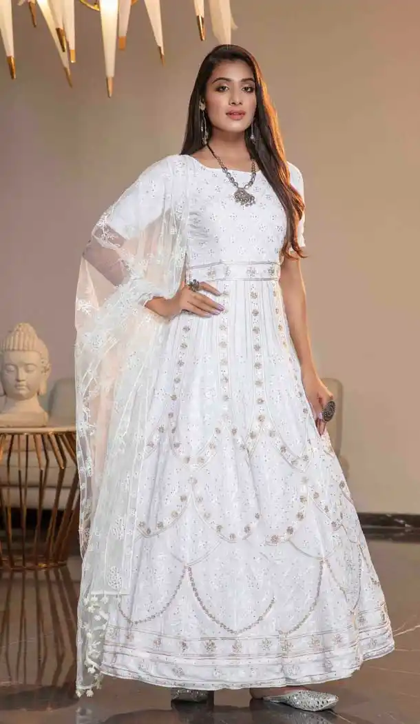 White Color Diamond Georgette Party Salwar Kameez -8599103565