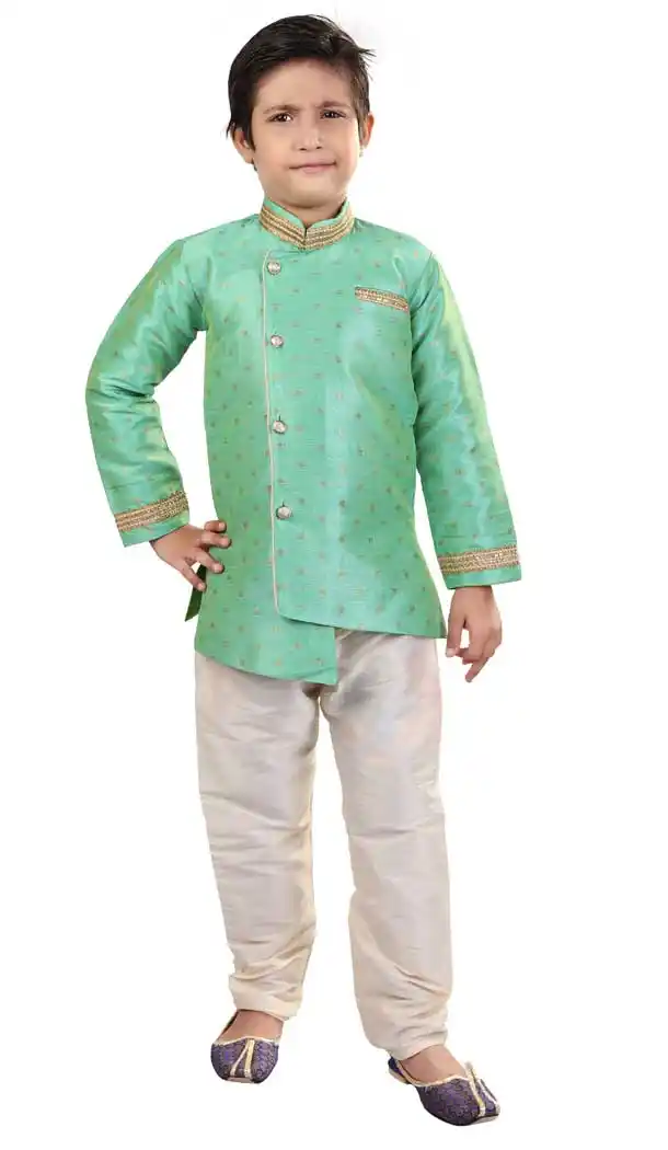 Light Green Color Silk Readymade Designer Kids Boy Kurta Pajama -8571103268
