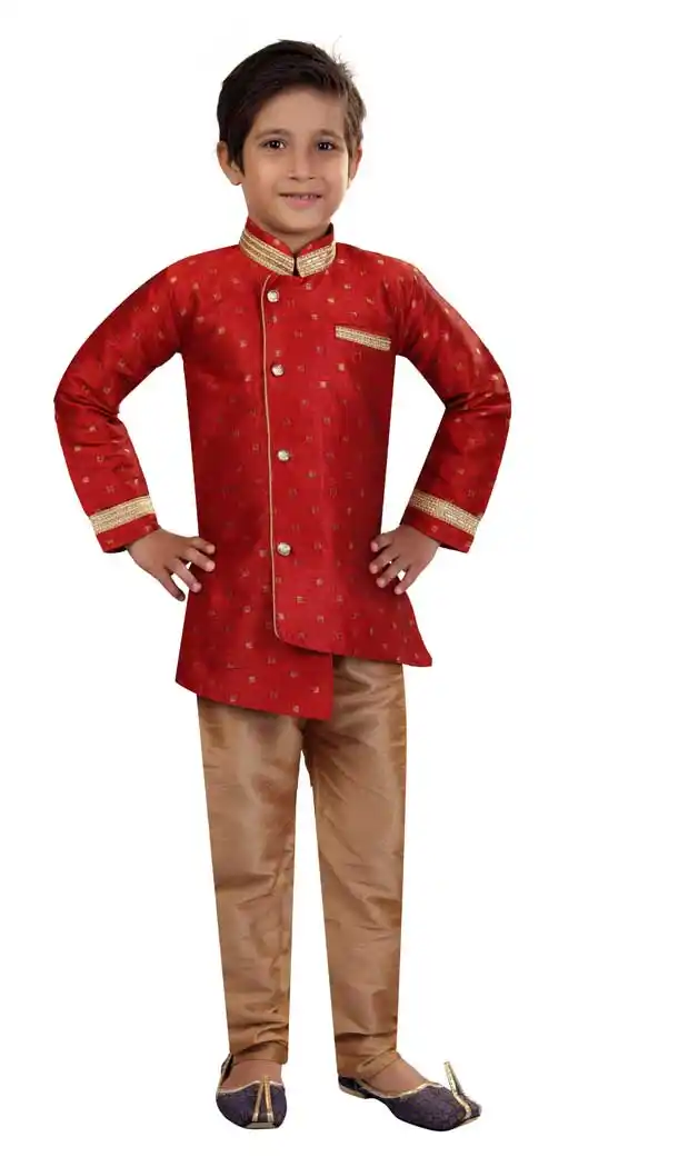 Jute Red Color Silk Readymade Designer Kids Boy Kurta Pajama -8571103269