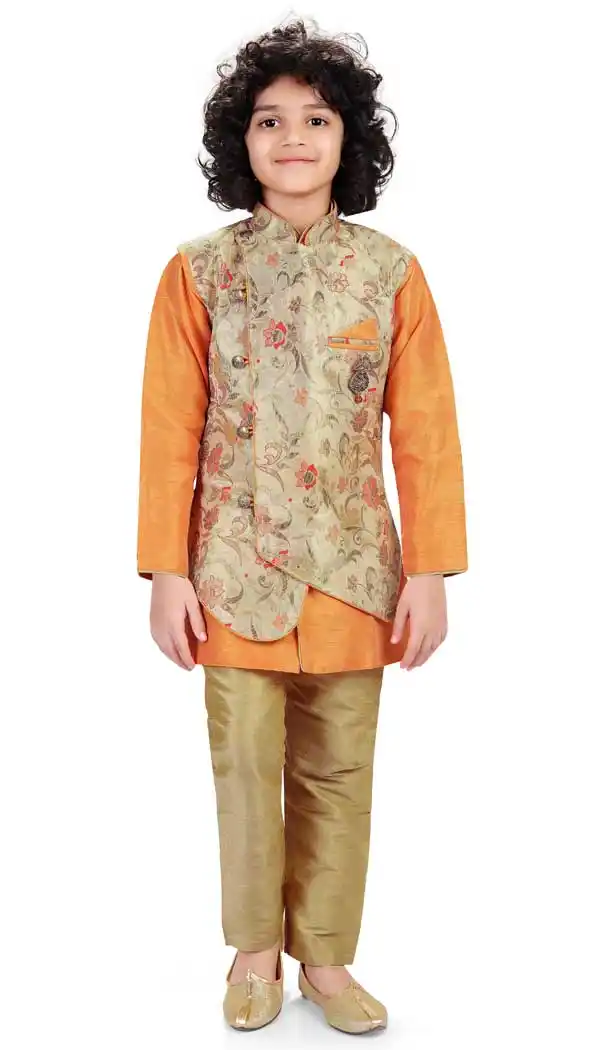 Orange Color Art Silk Jacquard Readymade Designer Boy Kurta Pajama -8573103284