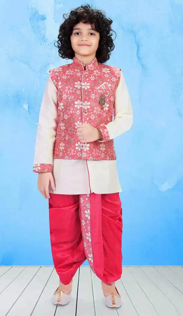 Off White Color Art Silk Jacquard Readymade Designer Boy Kurta Pajama -8573103289