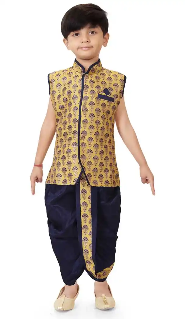 Yellow Color Art Silk Jacquard Readymade Designer Boy Kurta Pajama -8573103290