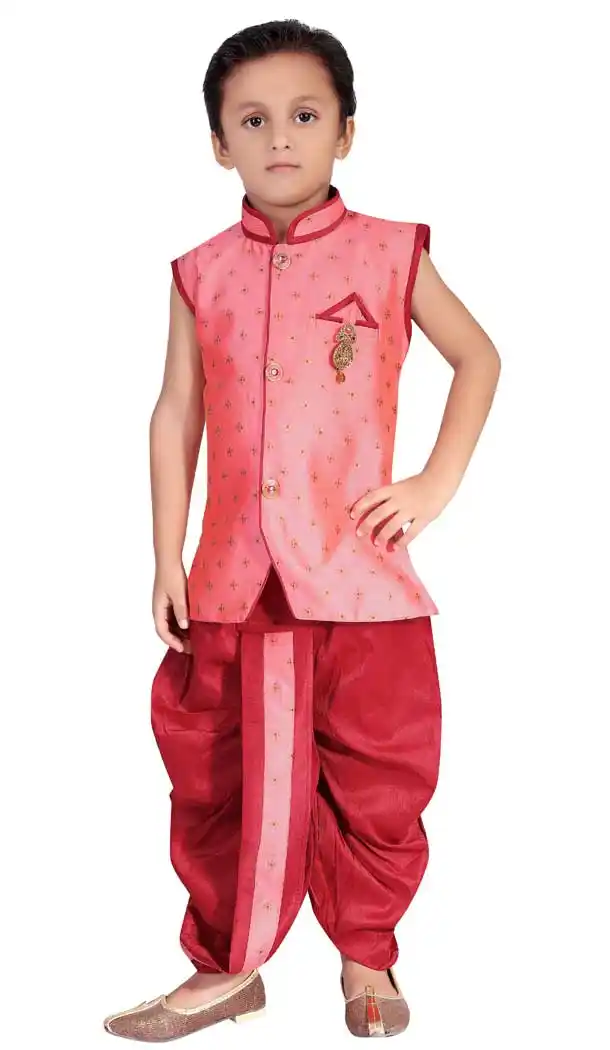 Light Pink Color Art Silk Jacquard Readymade Designer Boy Kurta Pajama -8573103291