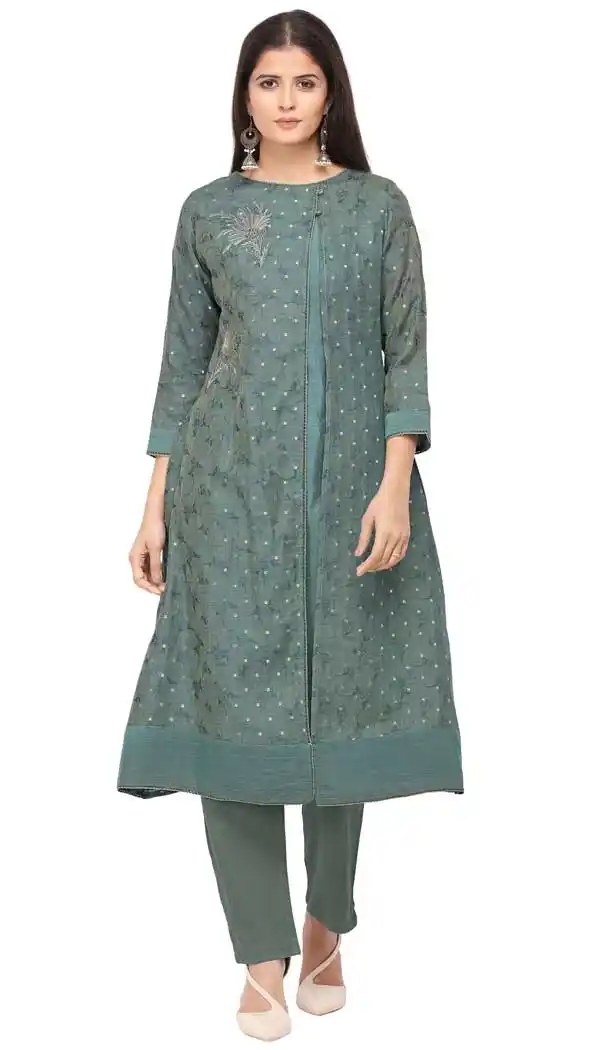 Exquisite Cyan Color Chanderi Silk Designer Readymade Kurti -8591103437