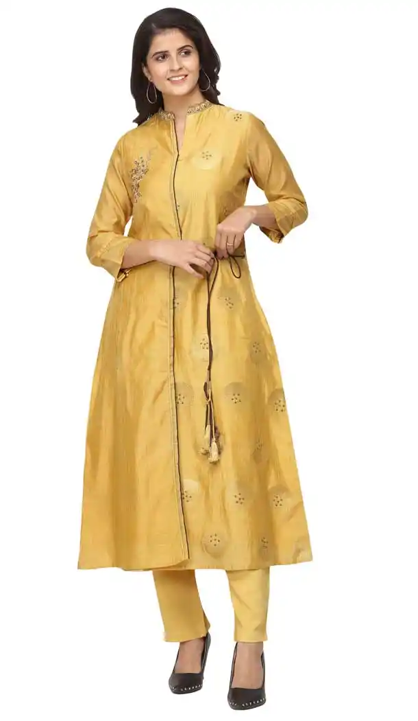 Chic Yellow Color Silk Designer Party Wear Readymade Kurti -8591103438