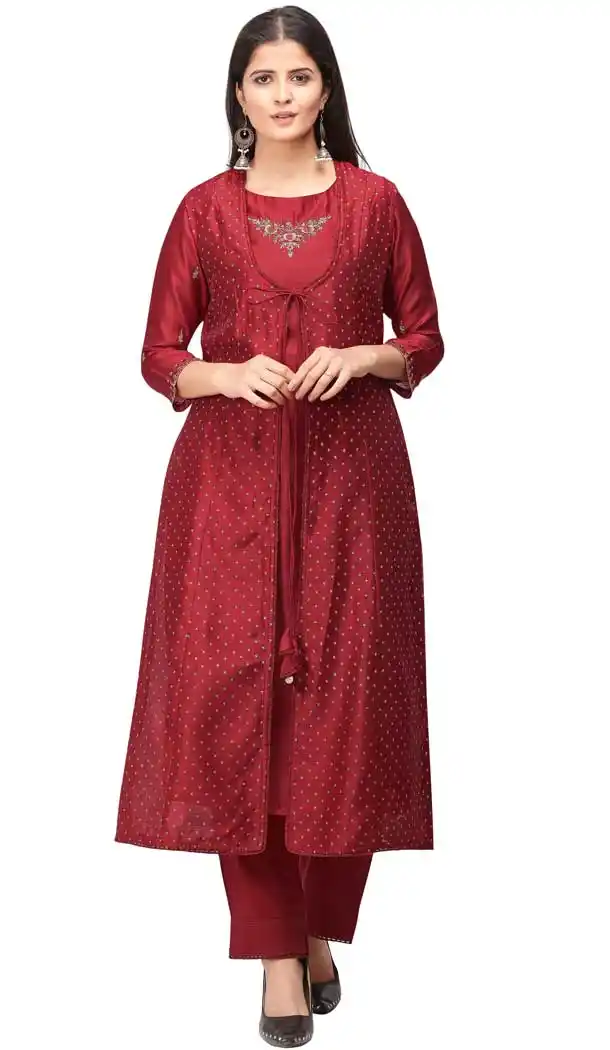 Magnificient Dark Red Color Berry Silk Designer Party Wear Readymade Kurti -8591103450