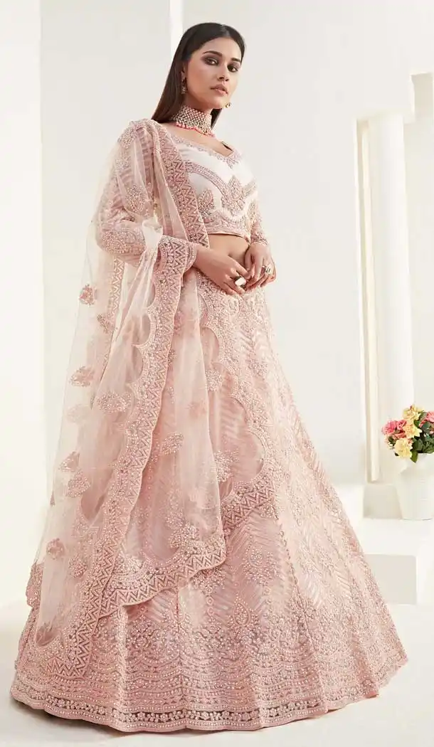 Peach Color Net Designer Bridal Wedding Wear Women Lehenga Choli -8617103725