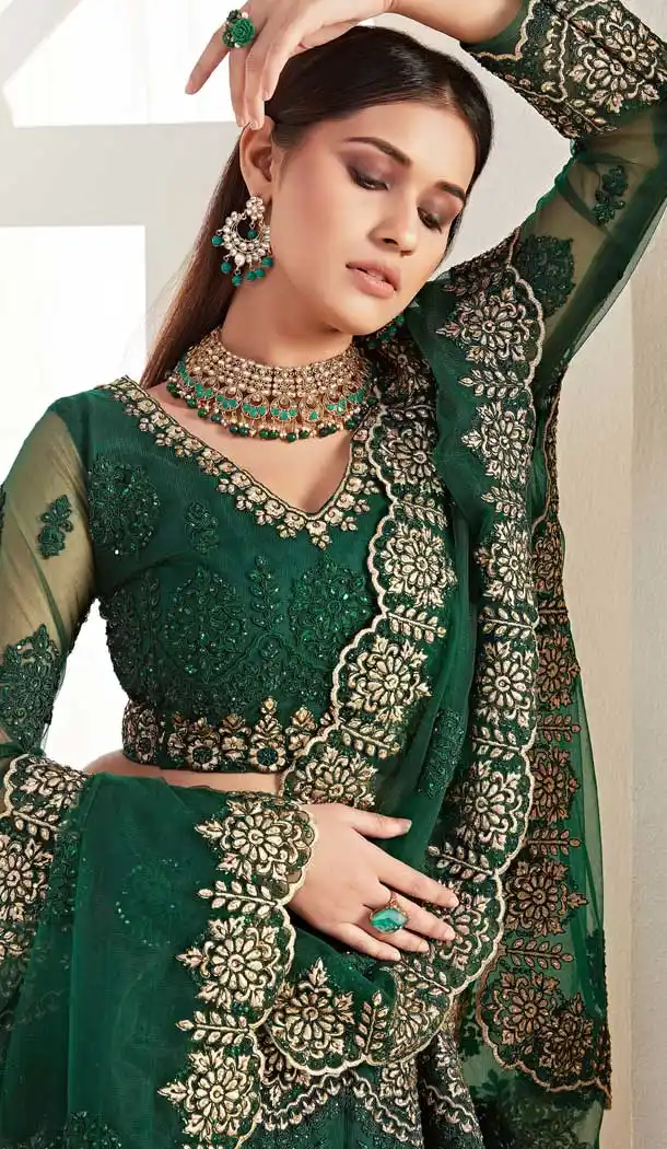 Green Color Net Designer Bridal Wedding Wear Women Lehenga Choli -8617103726