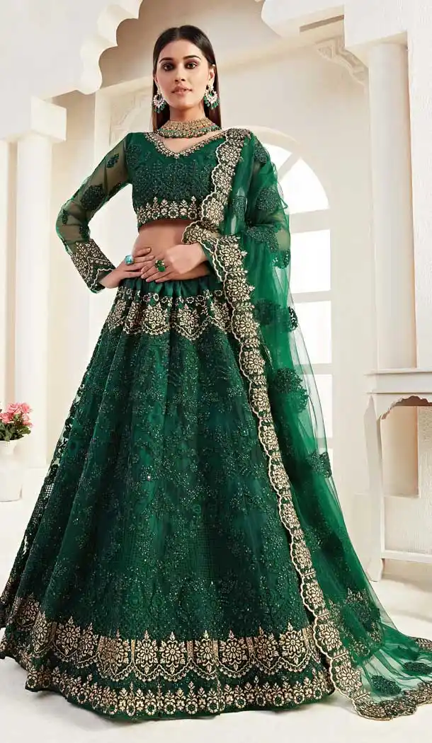 Green Color Net Designer Bridal Wedding Wear Women Lehenga Choli -8617103726
