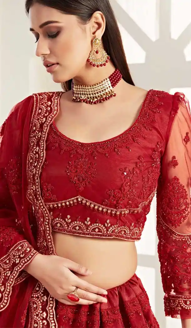Red Color Net Designer Bridal Wedding Wear Women Lehenga Choli -8617103727