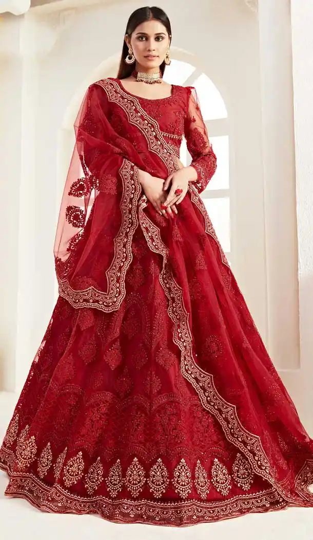 Red Color Net Designer Bridal Wedding Wear Women Lehenga Choli -8617103727