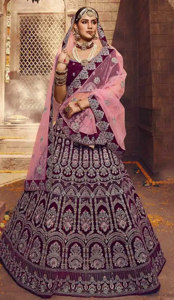 Wine Color Velvet Designer Bridal Wedding Wear Women Lehenga Choli -8627103793