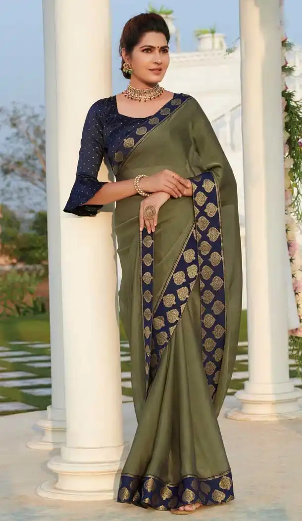 Mehendi Green Color Chiffon Casual Party Wear Women Saree Blouse -8597103542