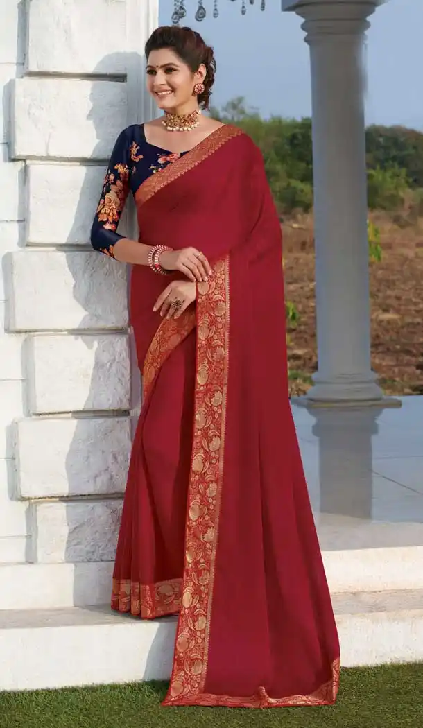 Dark Gazari Color Chiffon Casual Party Wear Women Saree Blouse -8597103544