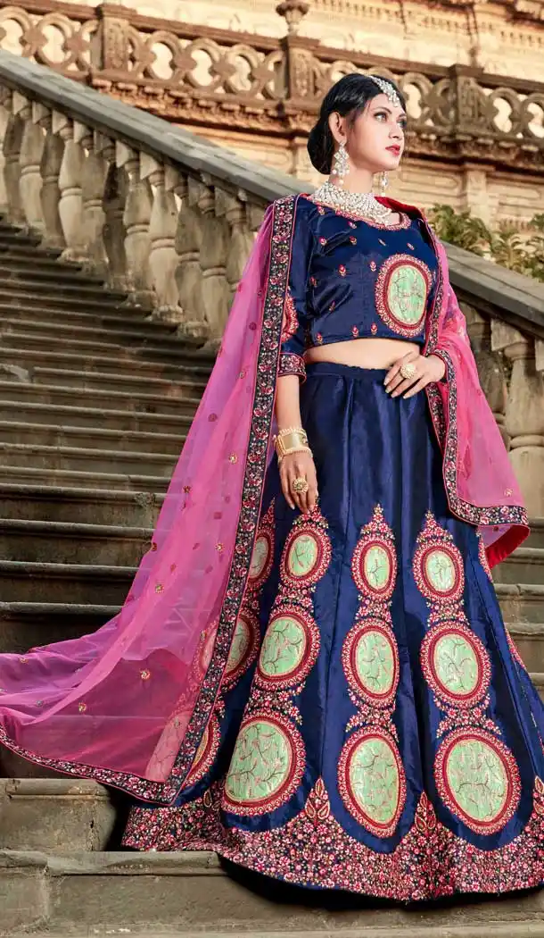 Mesmerizing Navy Blue Color Pure Satin Designer Wedding Wear Women Lehenga Choli -8643103917