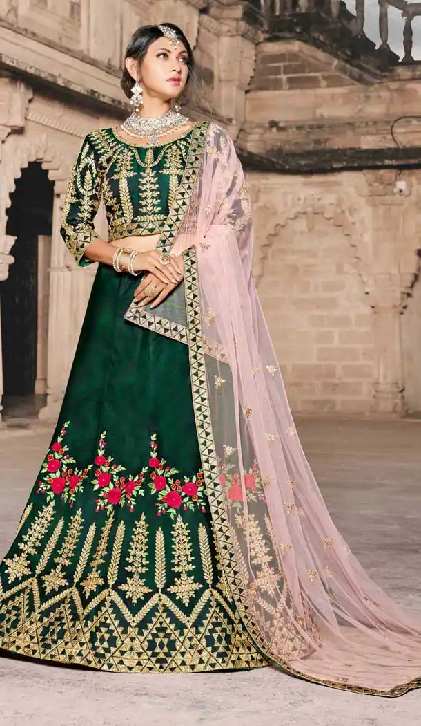 Green Color Pure Tafetta Designer Wedding Wear Women Lehenga Choli -8643103918