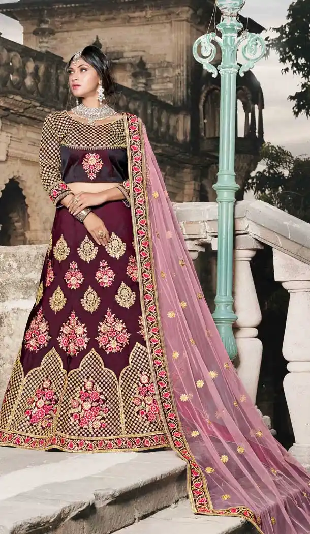 Wine Color Pure Tafetta Designer Wedding Wear Women Lehenga Choli -8643103919