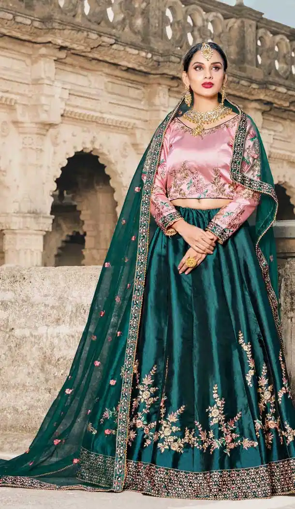 Gorgeous Green Color Pure Satin Designer Wedding Wear Women Lehenga Choli -8643103920