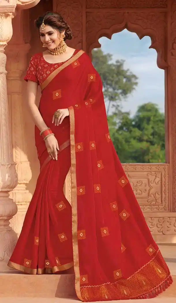 Red Color Tussar Silk Traditional Party Wear Saree Blouse -8640103883